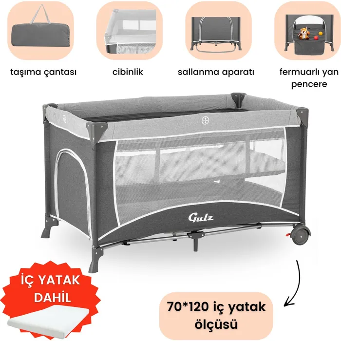 Gulz Raftel Oyun Parkı Park Yatak Bebek Beşik 70X120 cm + Pamuk Yatak